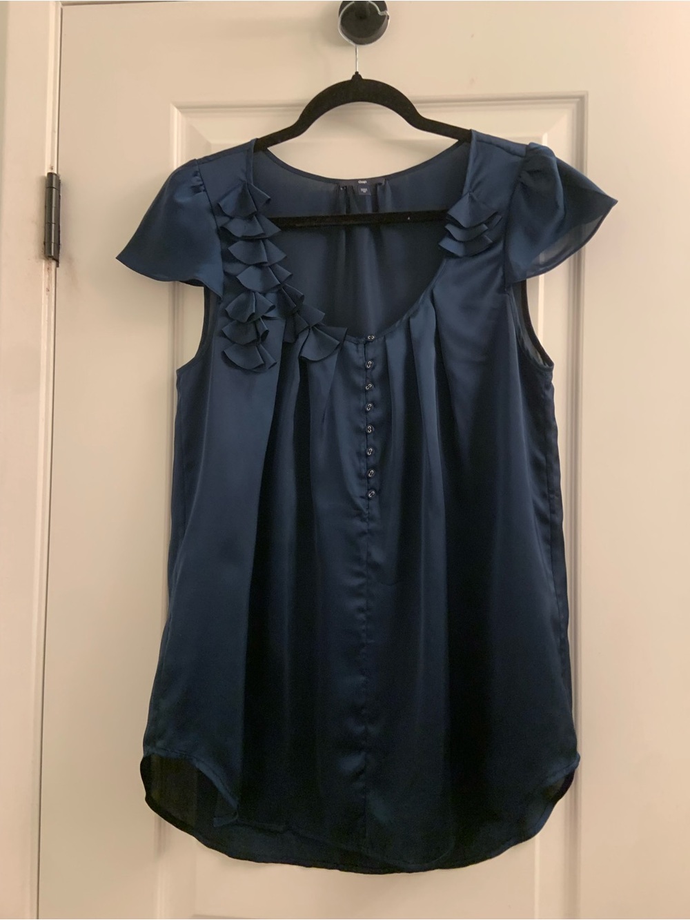 GAP Navy Satin Ruffle-Detail Cap Sleeve Blouse